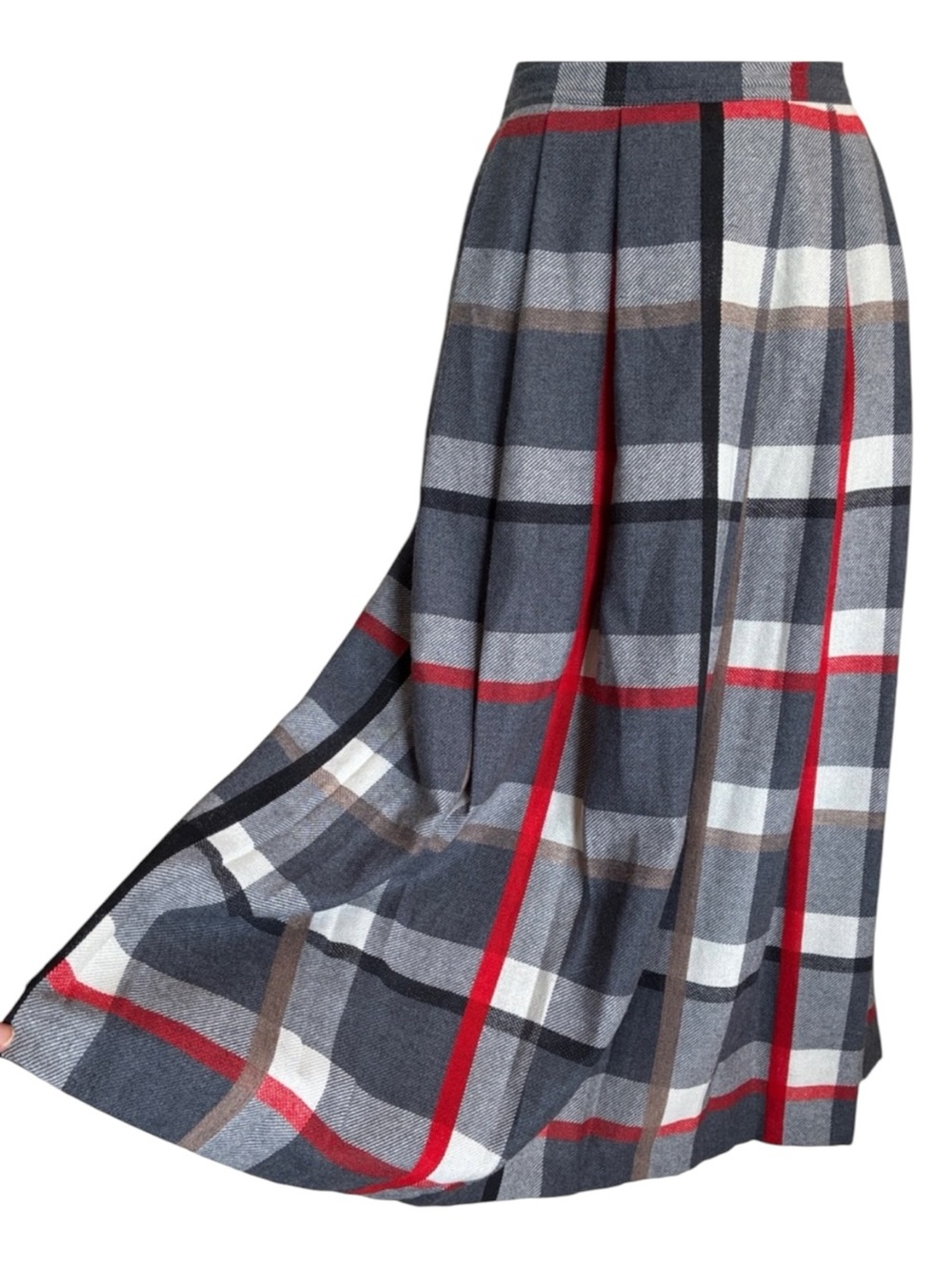 Chaus Pleated Plaid Skirt, women's 12, Gray with Red, wool blend. Midi VTG Euc